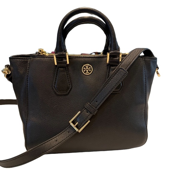 Tory Burch Robinson Black Pebbled Leather Tote  Double Zip Handbag/crossbody - Picture 1 of 16